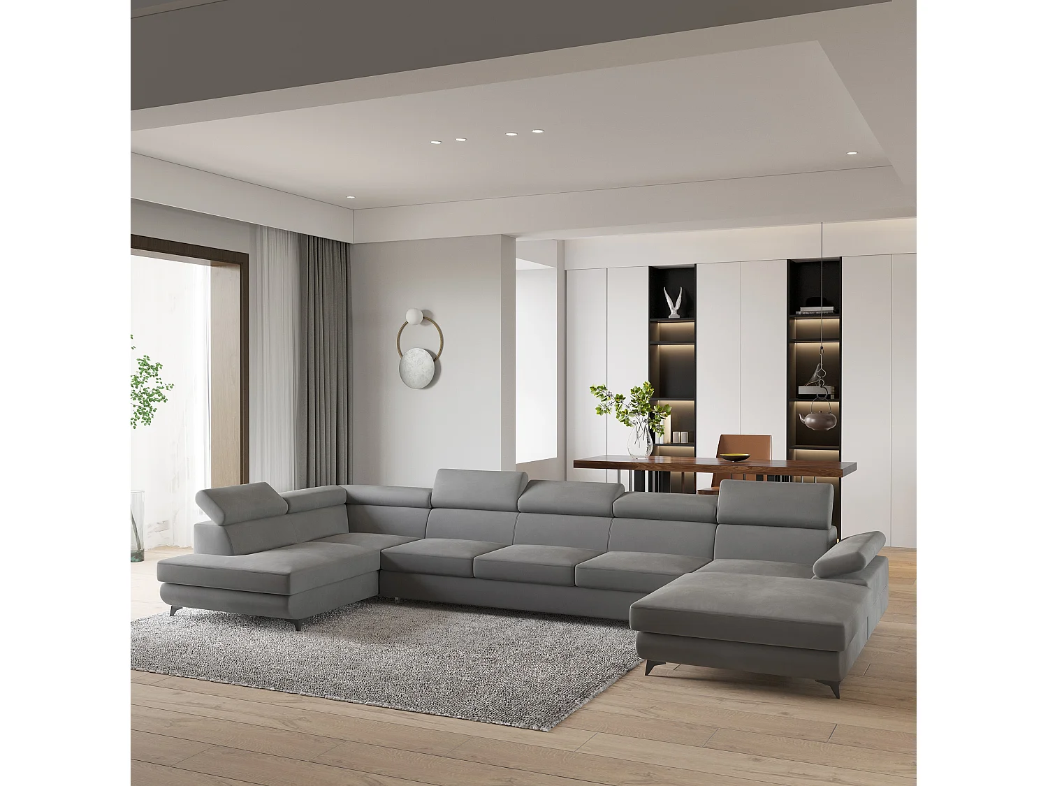 Hoekbank MONTIVA van fluweel met slaapfunctie Grau