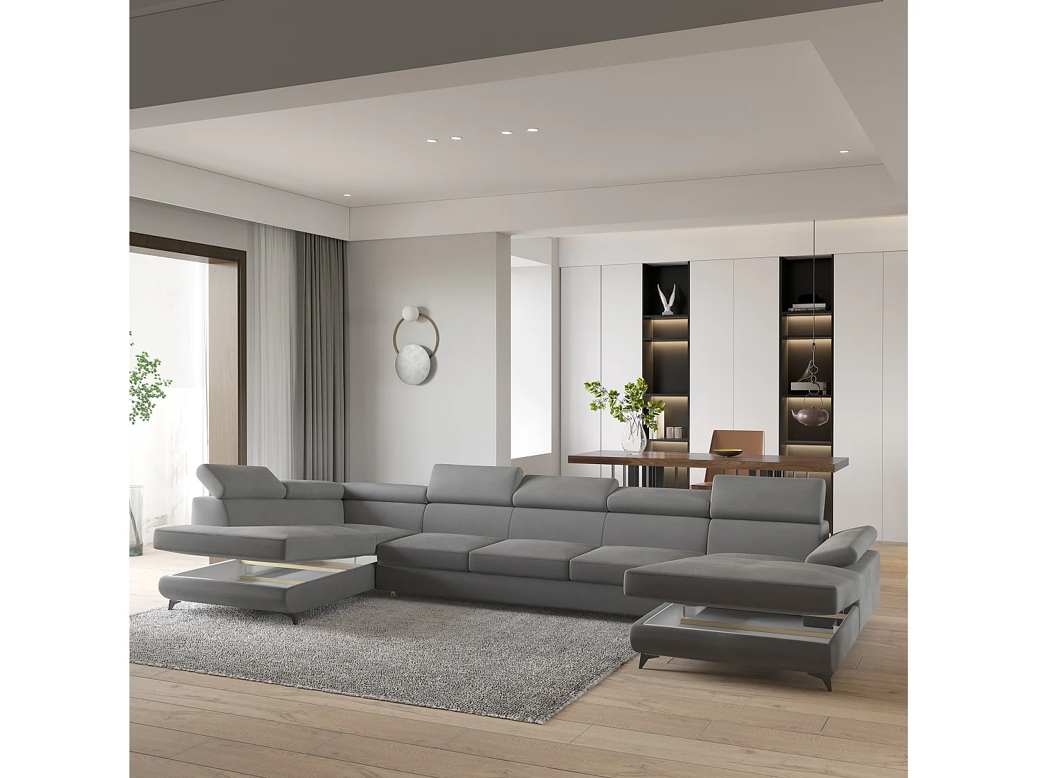 Hoekbank MONTIVA van fluweel met slaapfunctie Grau