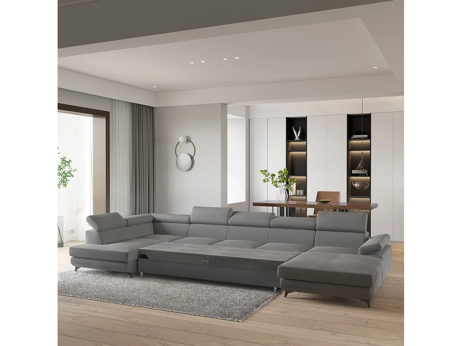 Hoekbank MONTIVA van fluweel met slaapfunctie Grau