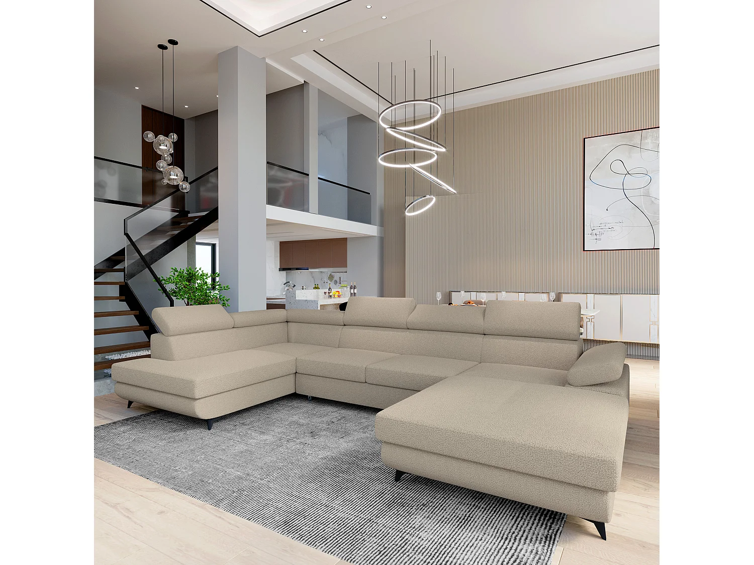 Hoekbank RUBANO van fluweel met slaapfunctie Beige