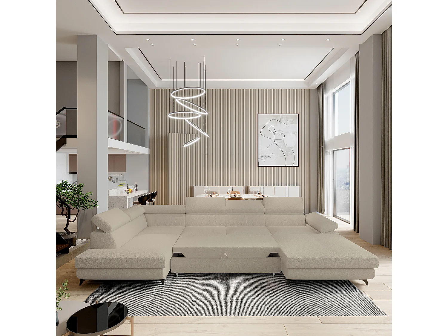 Hoekbank RUBANO van fluweel met slaapfunctie Beige