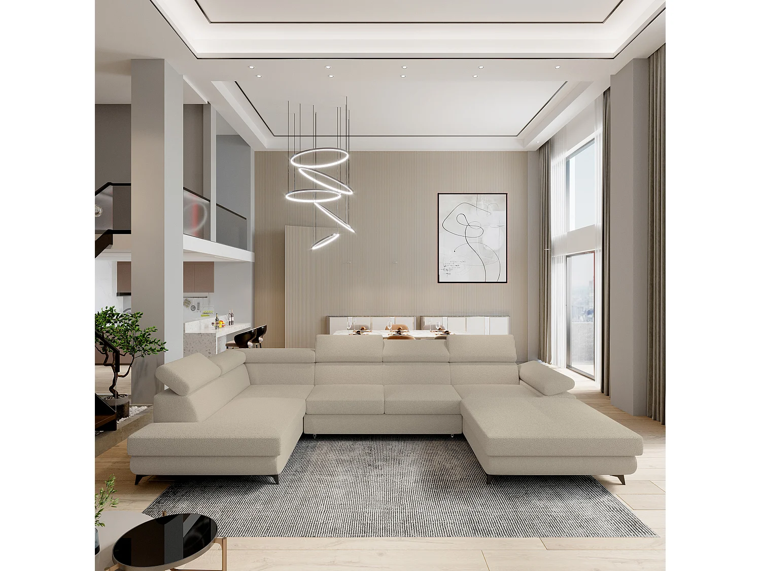 Hoekbank RUBANO van fluweel met slaapfunctie Beige