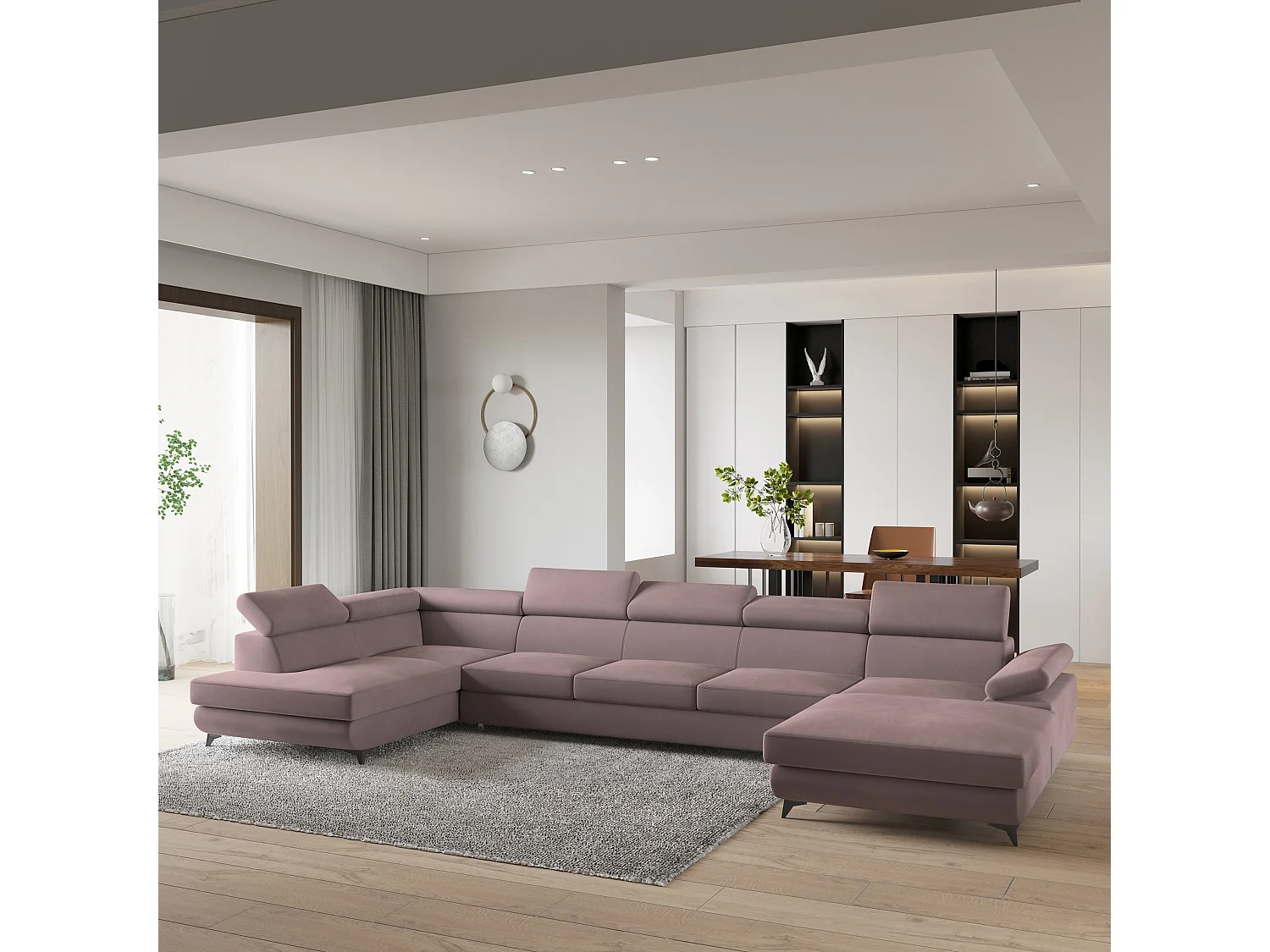 Hoekbank MONTIVA van fluweel met slaapfunctie Lila