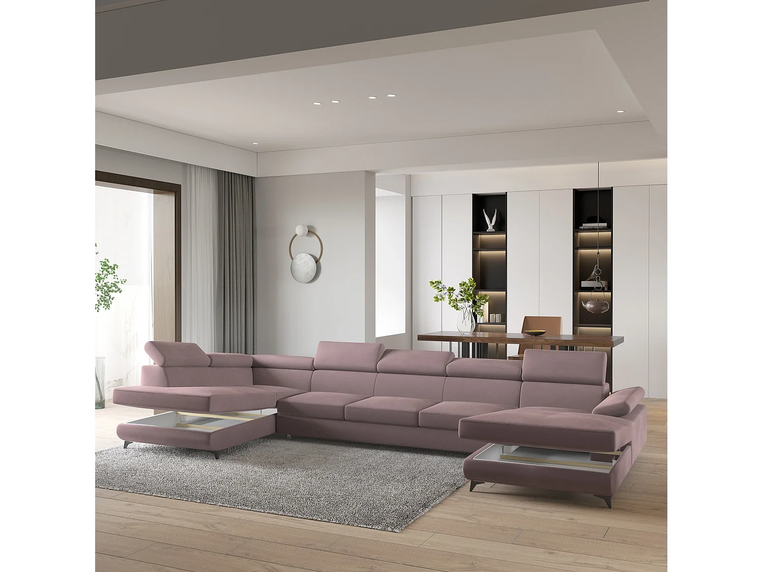 Hoekbank MONTIVA van fluweel met slaapfunctie Lila