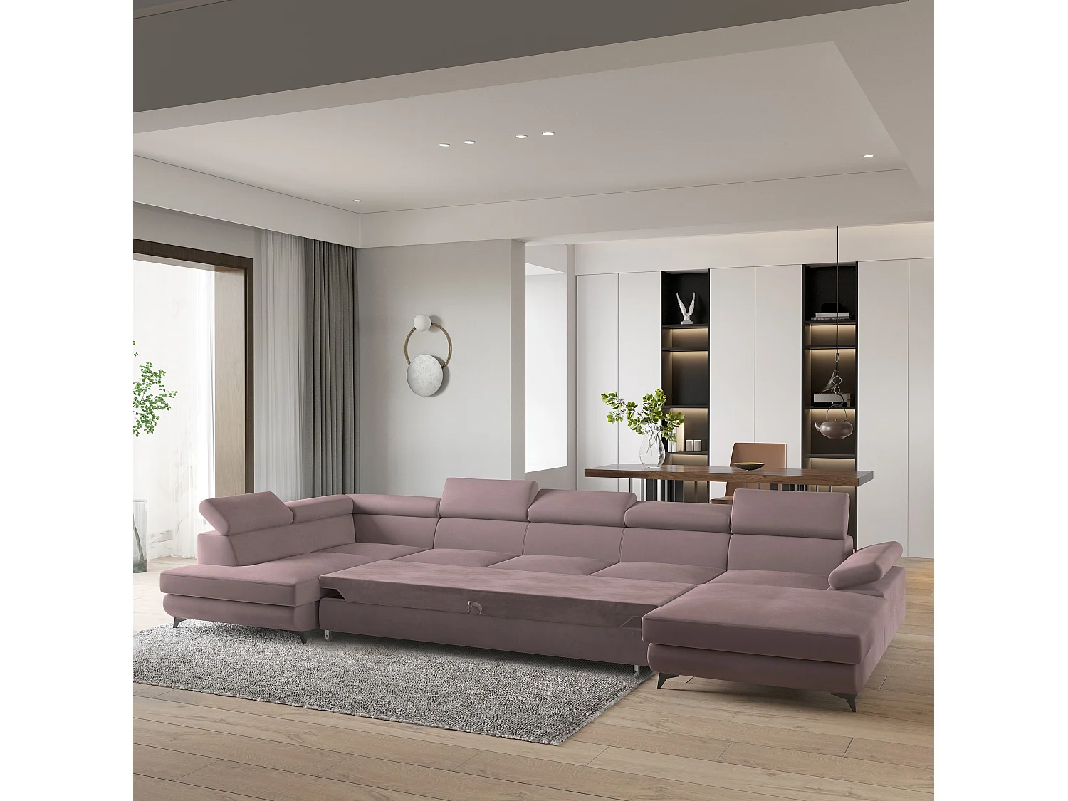 Hoekbank MONTIVA van fluweel met slaapfunctie Lila