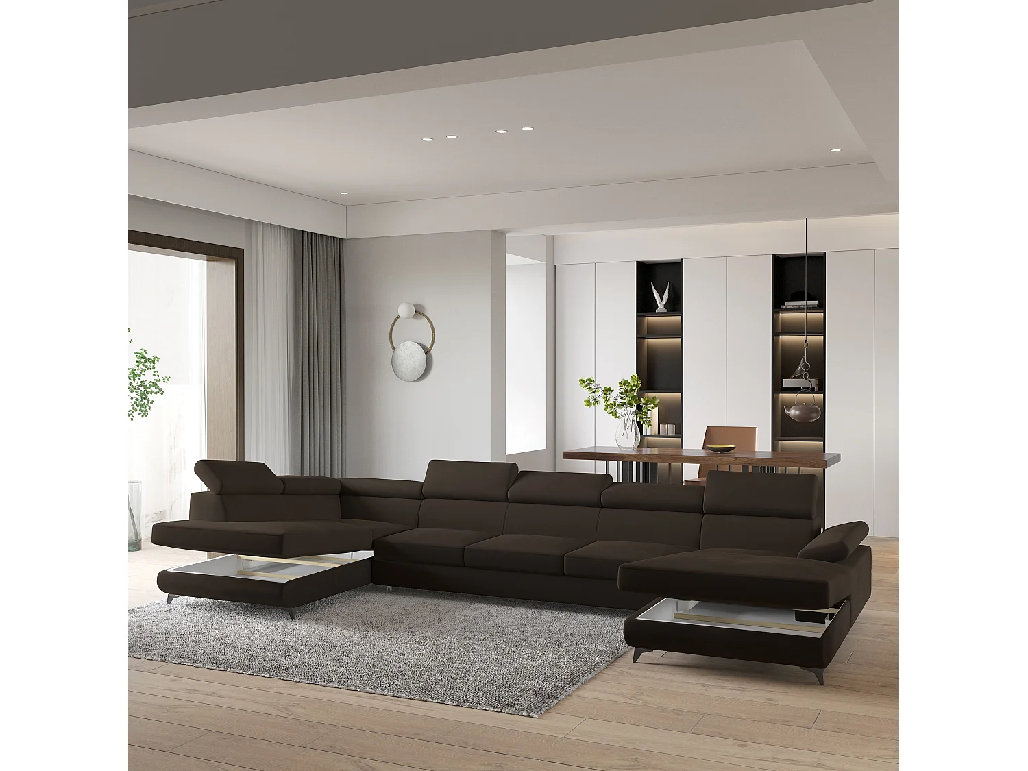 Hoekbank MONTIVA van fluweel met slaapfunctie Braun