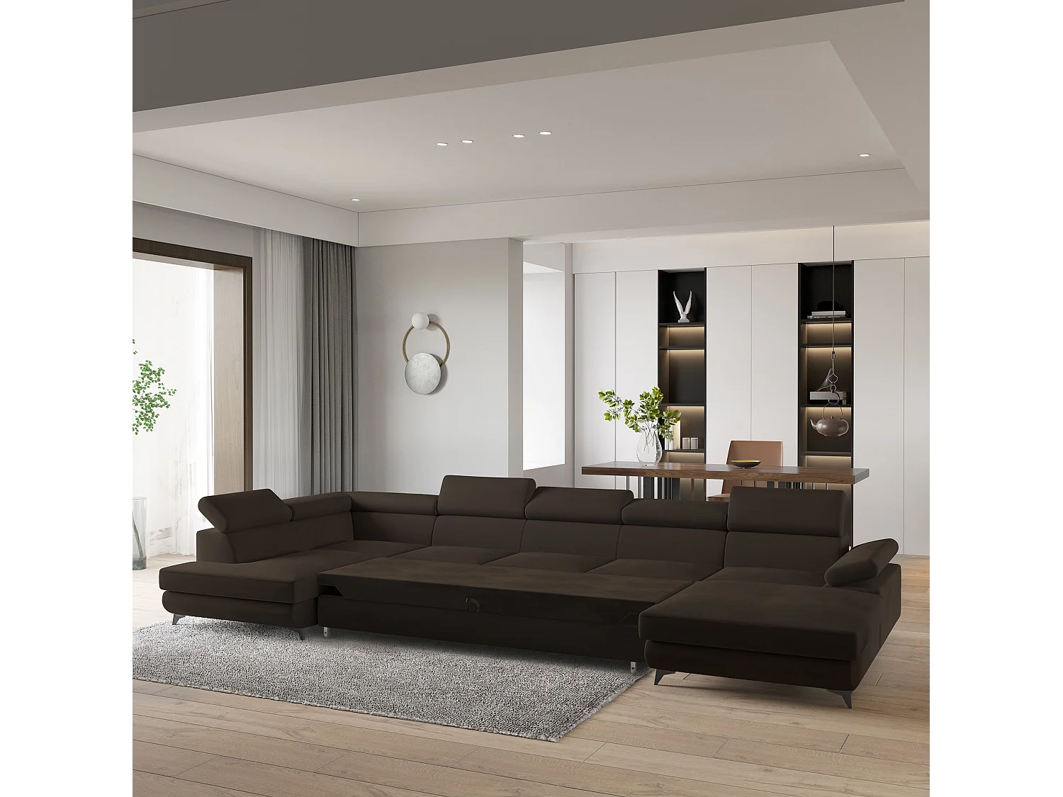 Hoekbank MONTIVA van fluweel met slaapfunctie Braun