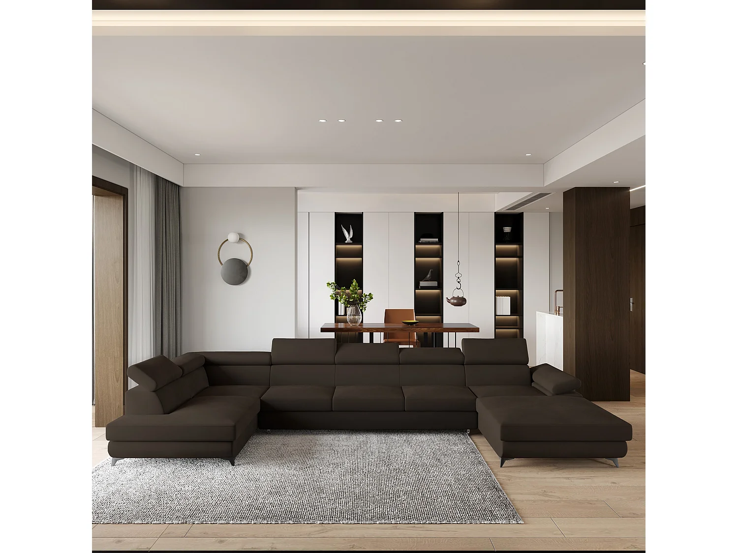 Hoekbank MONTIVA van fluweel met slaapfunctie Braun