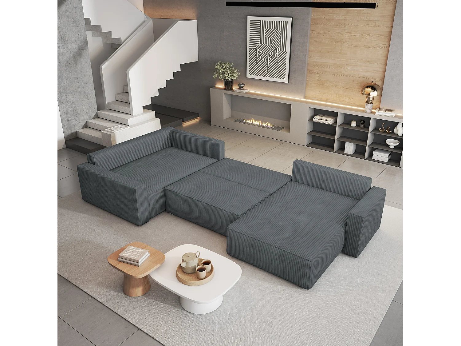 Hoekbank VELAMI van fluweel met slaapfunctie Grau