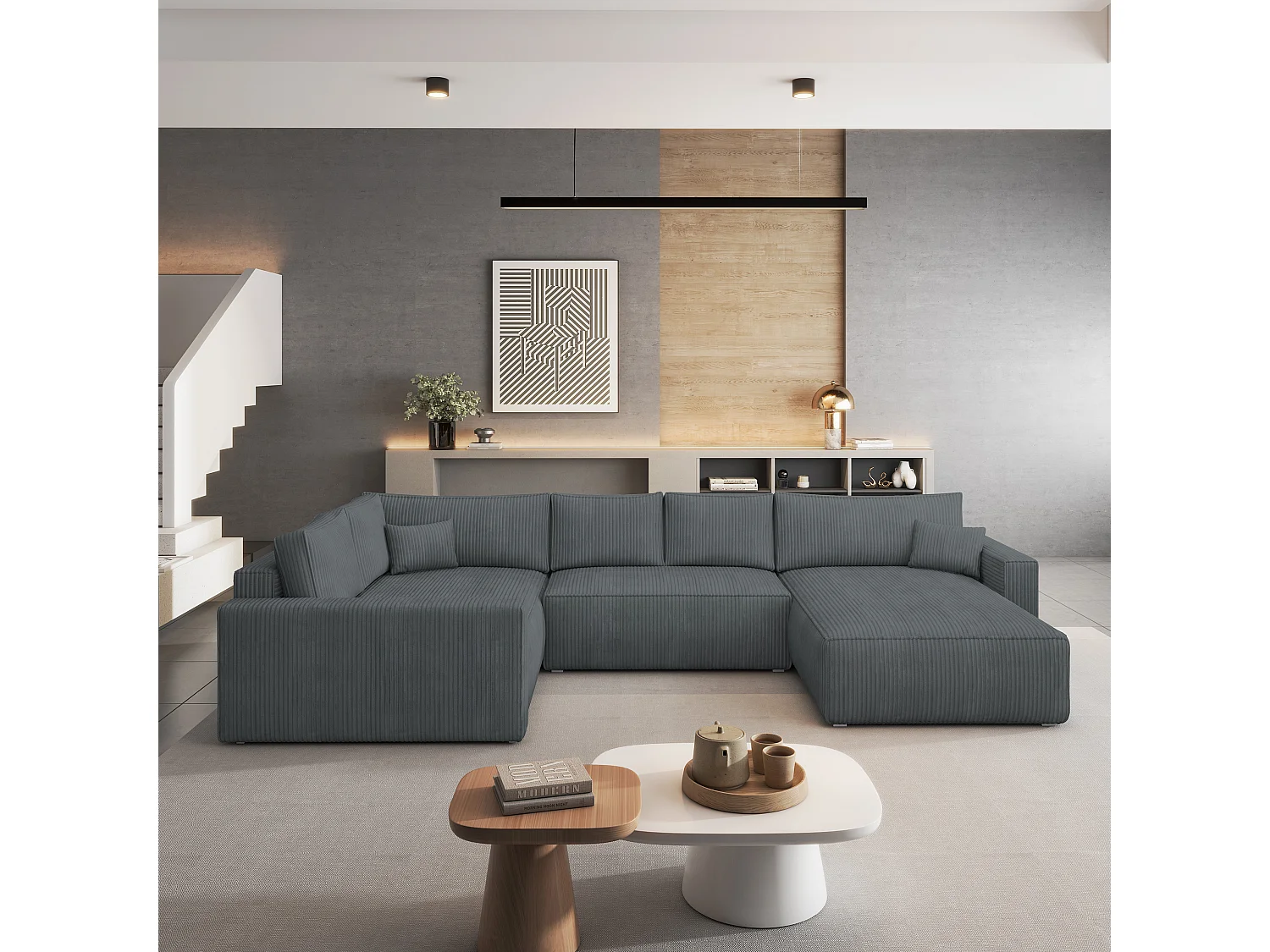 Hoekbank VELAMI van fluweel met slaapfunctie Grau