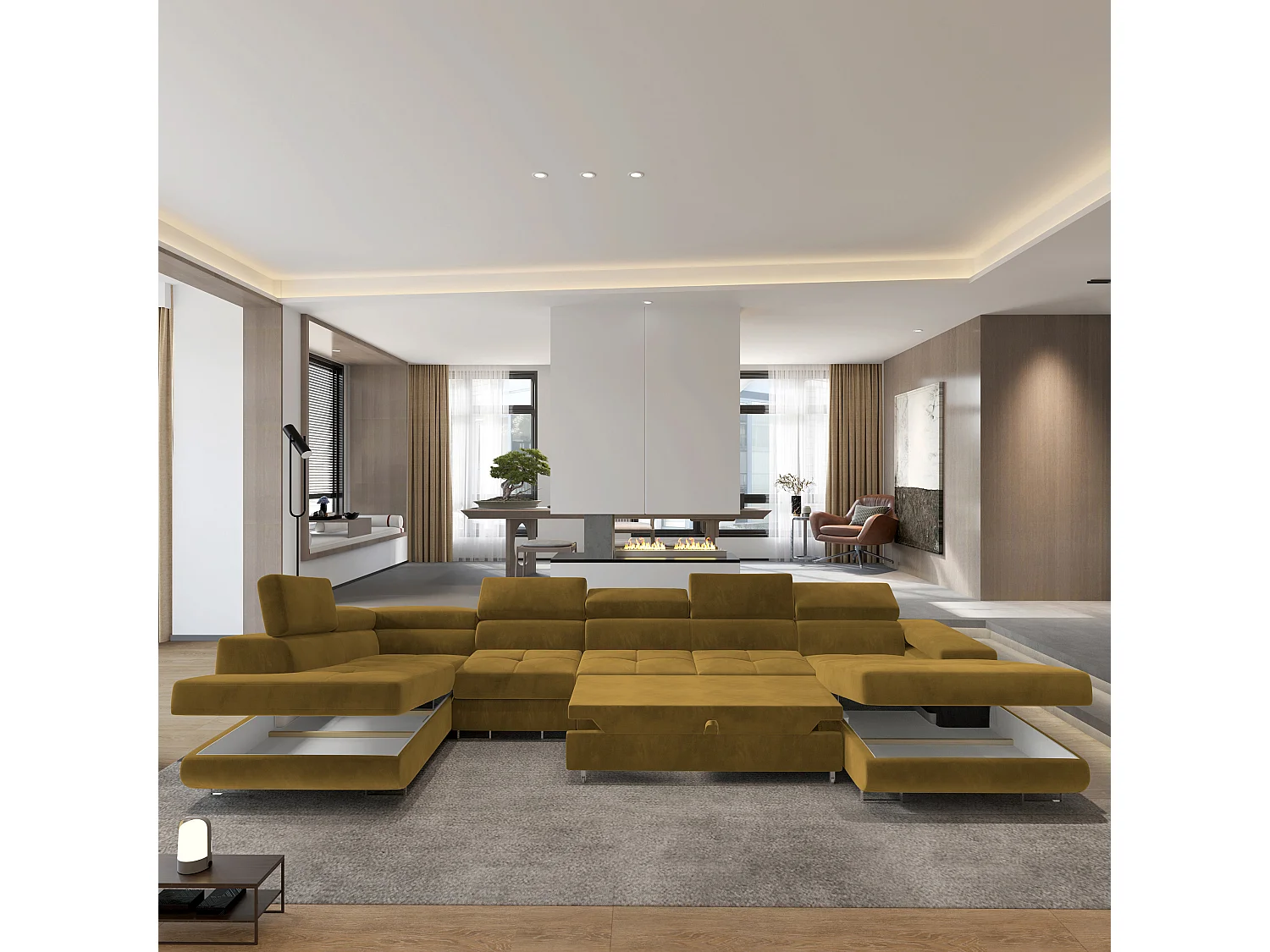 Hoekbank VELORA van fluweel met slaapfunctie Gelb