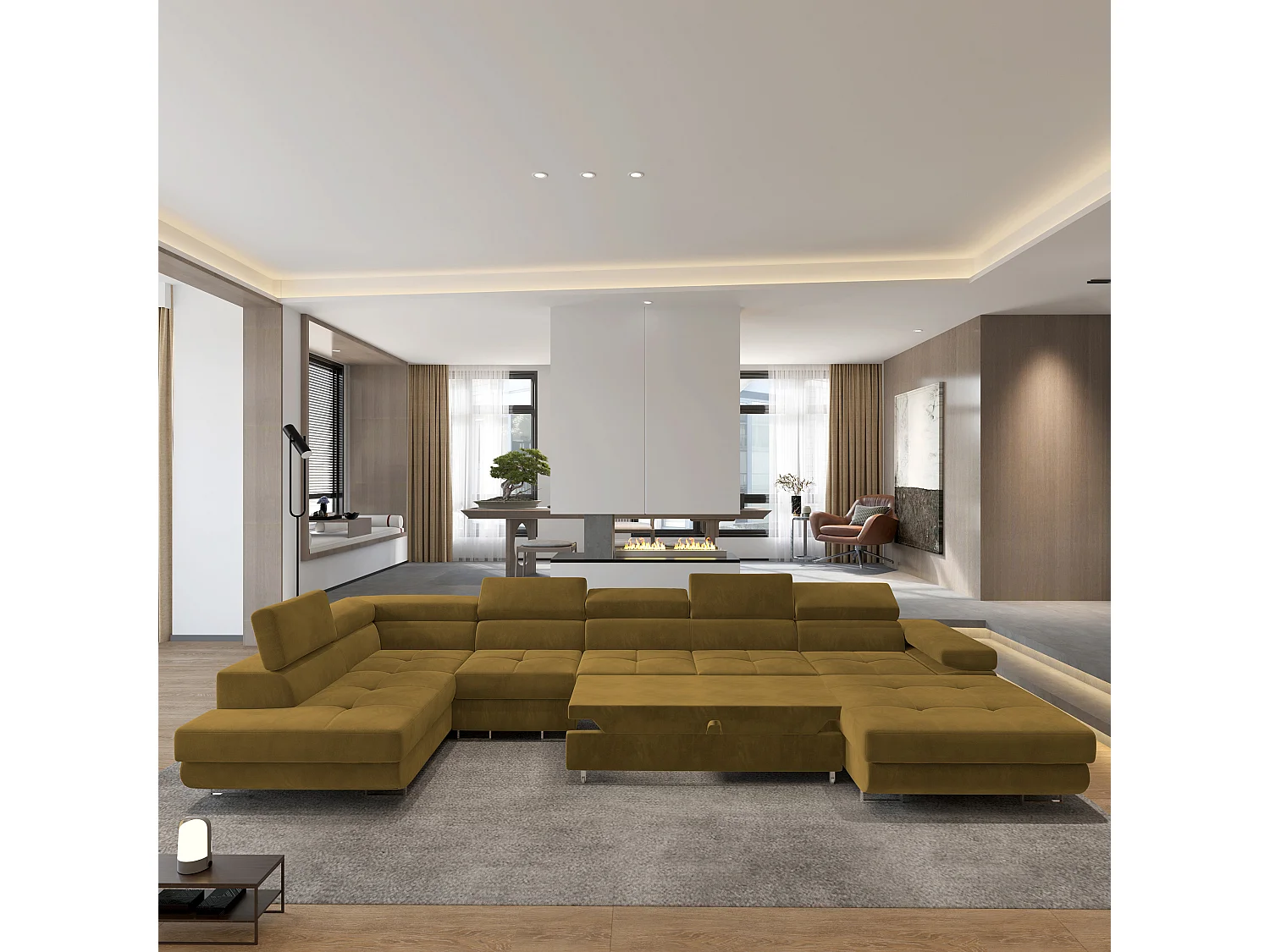 Hoekbank VELORA van fluweel met slaapfunctie Gelb