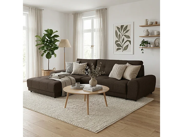 Ecksofa NAMPA 281x189 cm links mit Schlaffunktion, bezogen mit braunem Stoff SORO 29