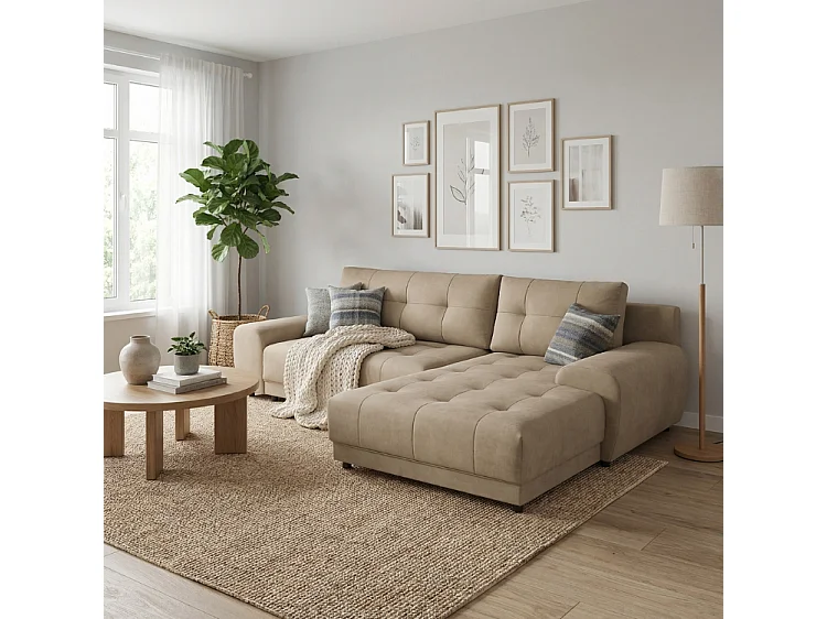 Ecksofa NAMPA 281x189 cm rechts mit Schlaffunktion, bezogen mit beigem Stoff SORO 8