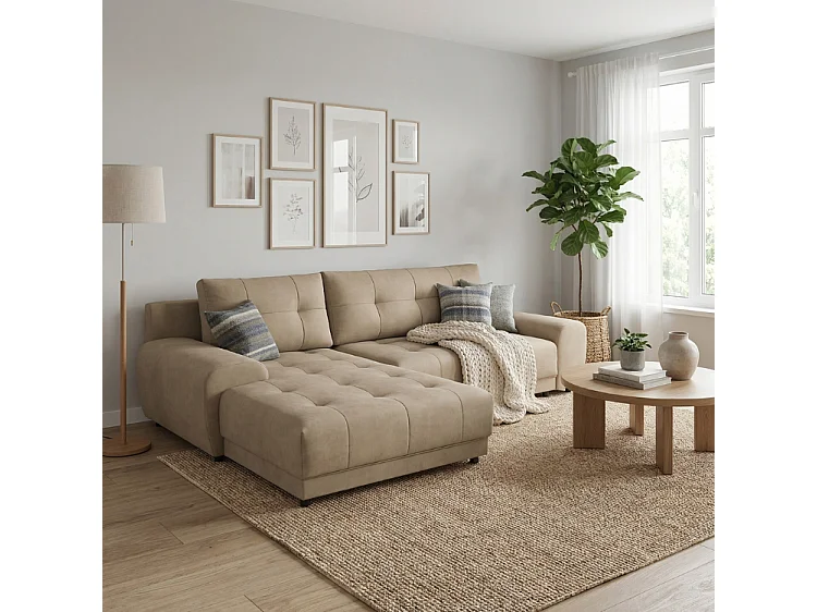 Ecksofa NAMPA 281x189 cm links mit Schlaffunktion, bezogen mit beigem Stoff SORO 8