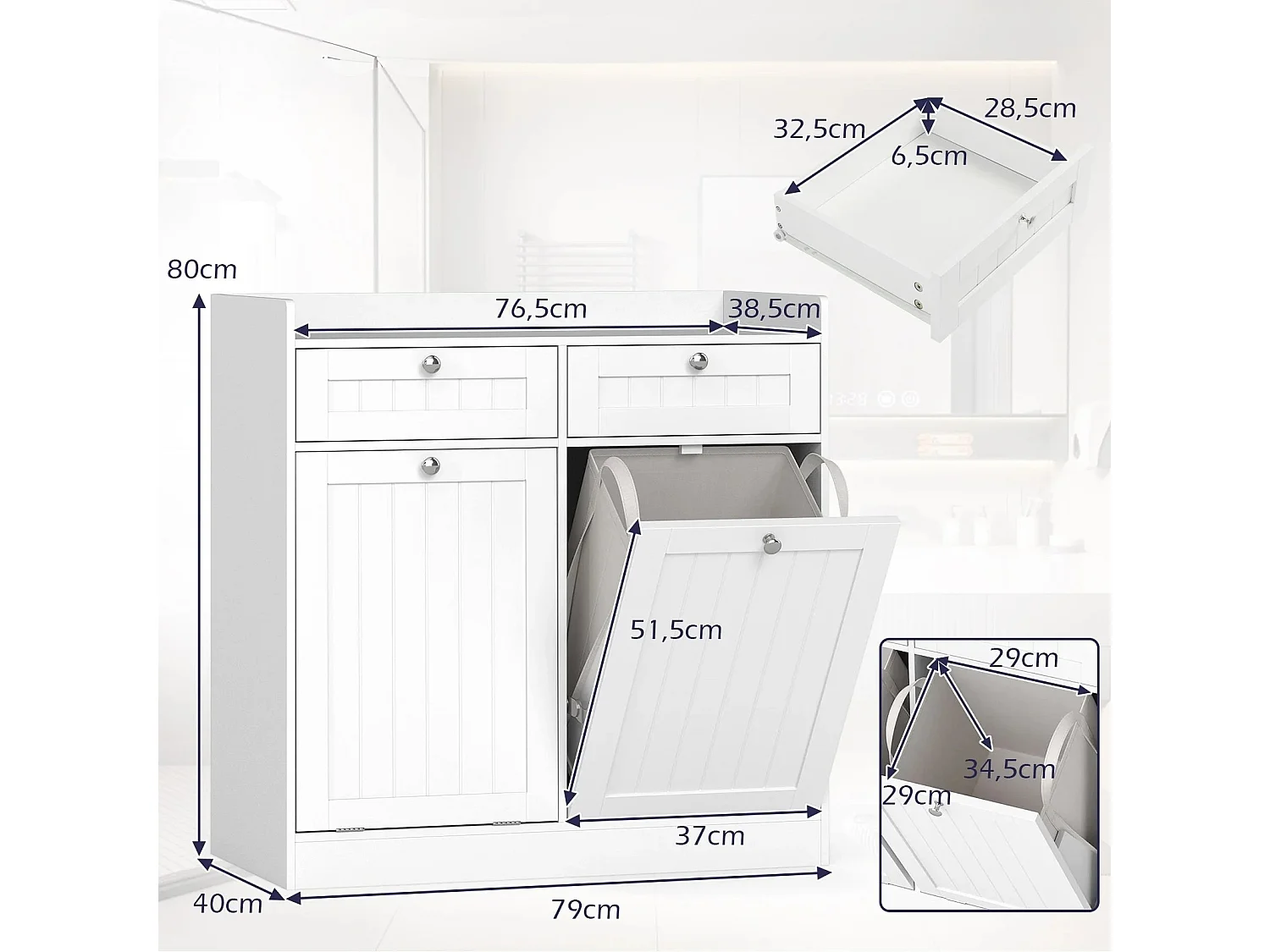 Doppel-kippbarer Wäscheschrank mit Regal & 2 Schubladen & 2 Abnehmbaren Wäschesäcken Weiß