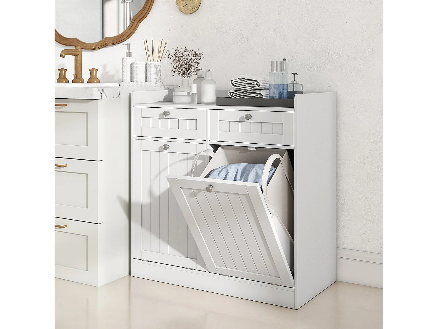 Doppel-kippbarer Wäscheschrank mit Regal & 2 Schubladen & 2 Abnehmbaren Wäschesäcken Weiß