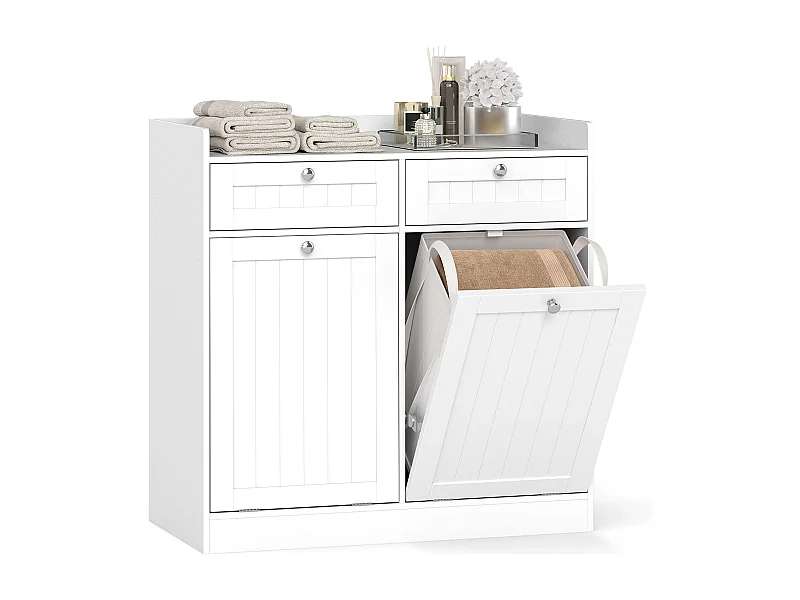 Doppel-kippbarer Wäscheschrank mit Regal & 2 Schubladen & 2 Abnehmbaren Wäschesäcken Weiß