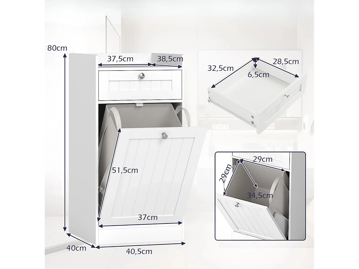 Kippbarer Wäscheschrank freistehender Badezimmerschrank mit Regal Schublade Weiß