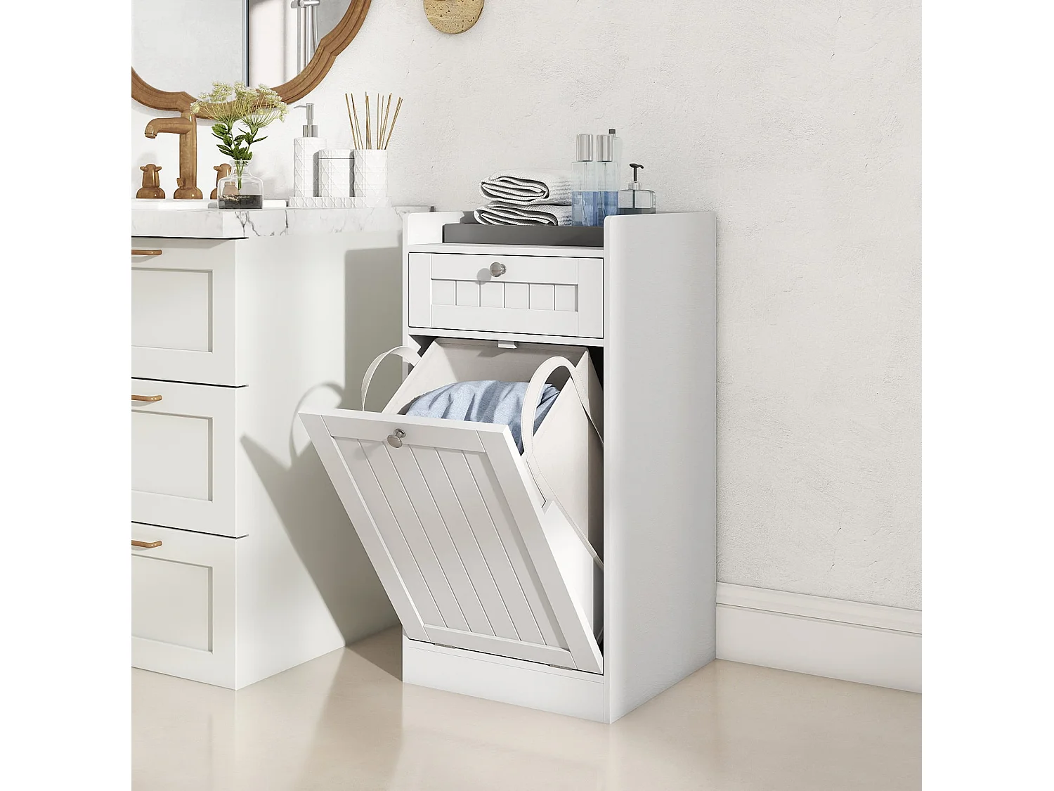 Kippbarer Wäscheschrank freistehender Badezimmerschrank mit Regal Schublade Weiß