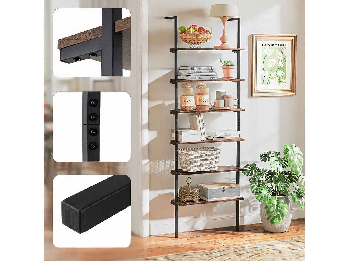 Industrialny 6-poziomowy regał na książki Półka ścienna 60 x 20 x 183 cm