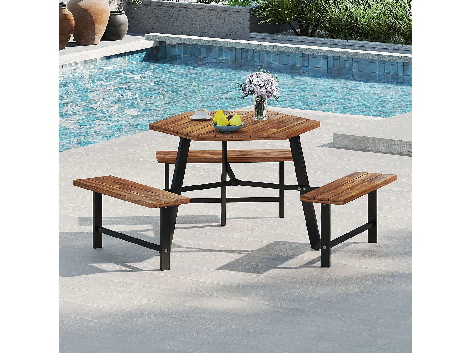 Ensemble Table et Banc en Bois D'acacia pour 6 Personnes Table à Manger 3 Places avec Trou pour Parasol Plateau Rainuré avec Cadre en Métal