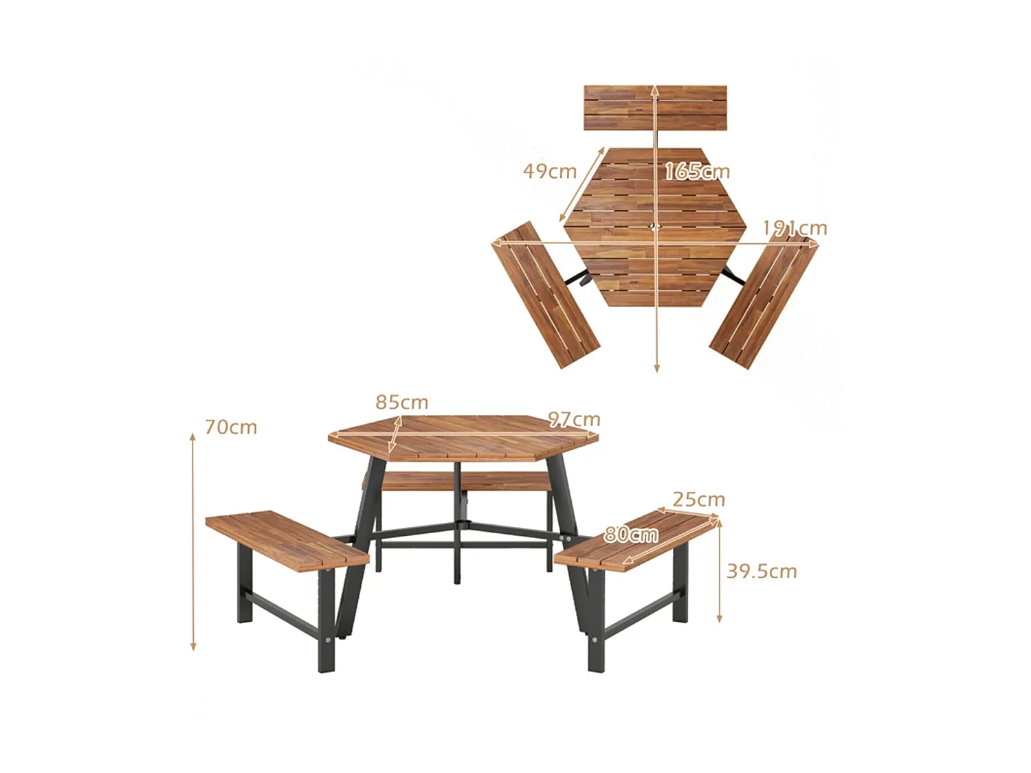 Ensemble Table et Banc en Bois D'acacia pour 6 Personnes Table à Manger 3 Places avec Trou pour Parasol Plateau Rainuré avec Cadre en Métal