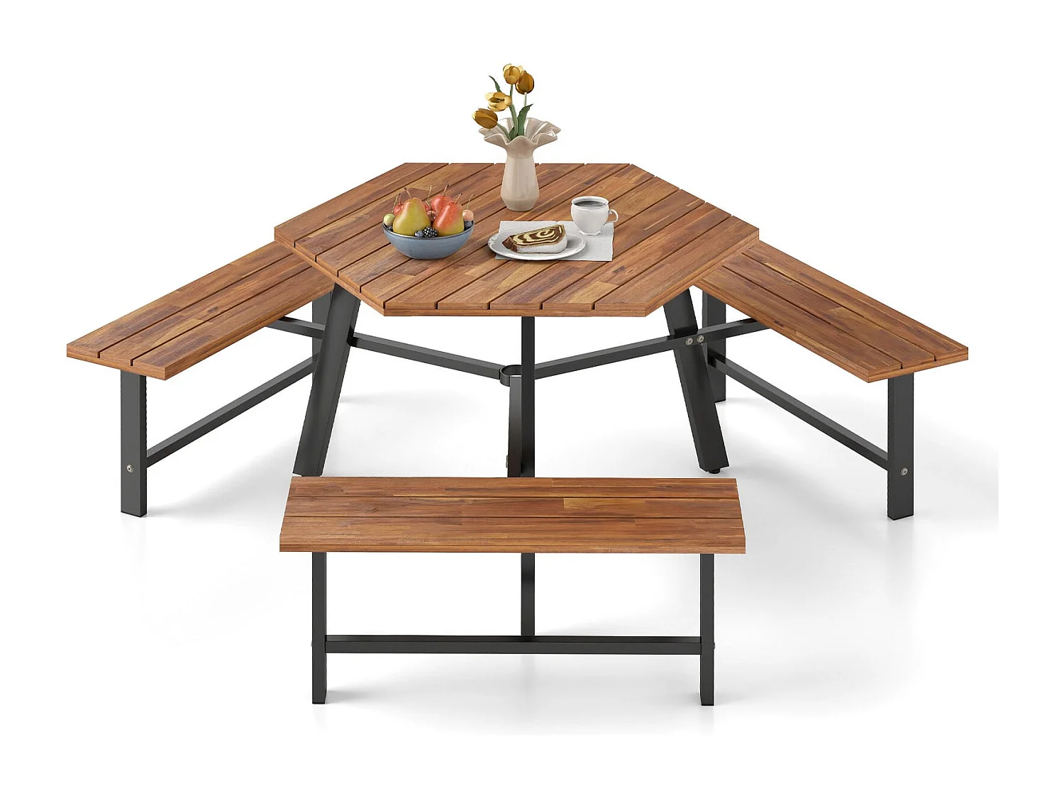 Ensemble Table et Banc en Bois D'acacia pour 6 Personnes Table à Manger 3 Places avec Trou pour Parasol Plateau Rainuré avec Cadre en Métal