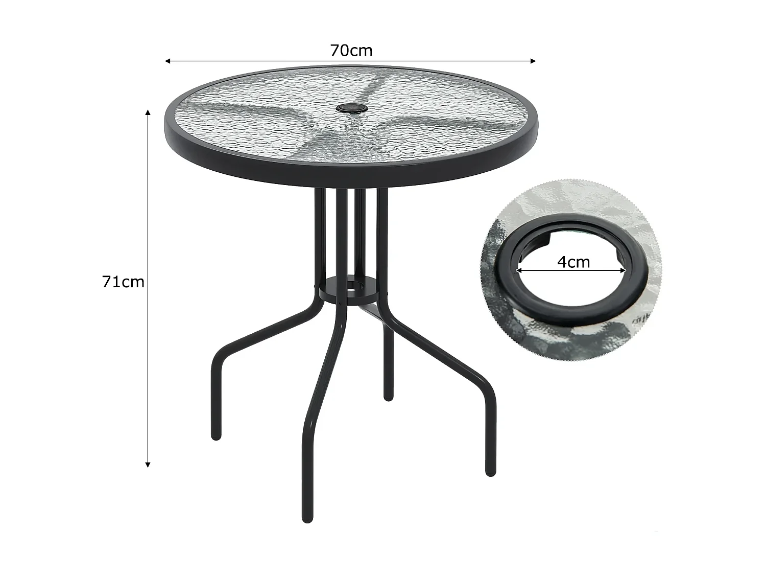 Tavolo da pranzo da patio 70 cm con piano in vetro temperato, Tavolo da bistro rotondo con struttura in metallo Nero