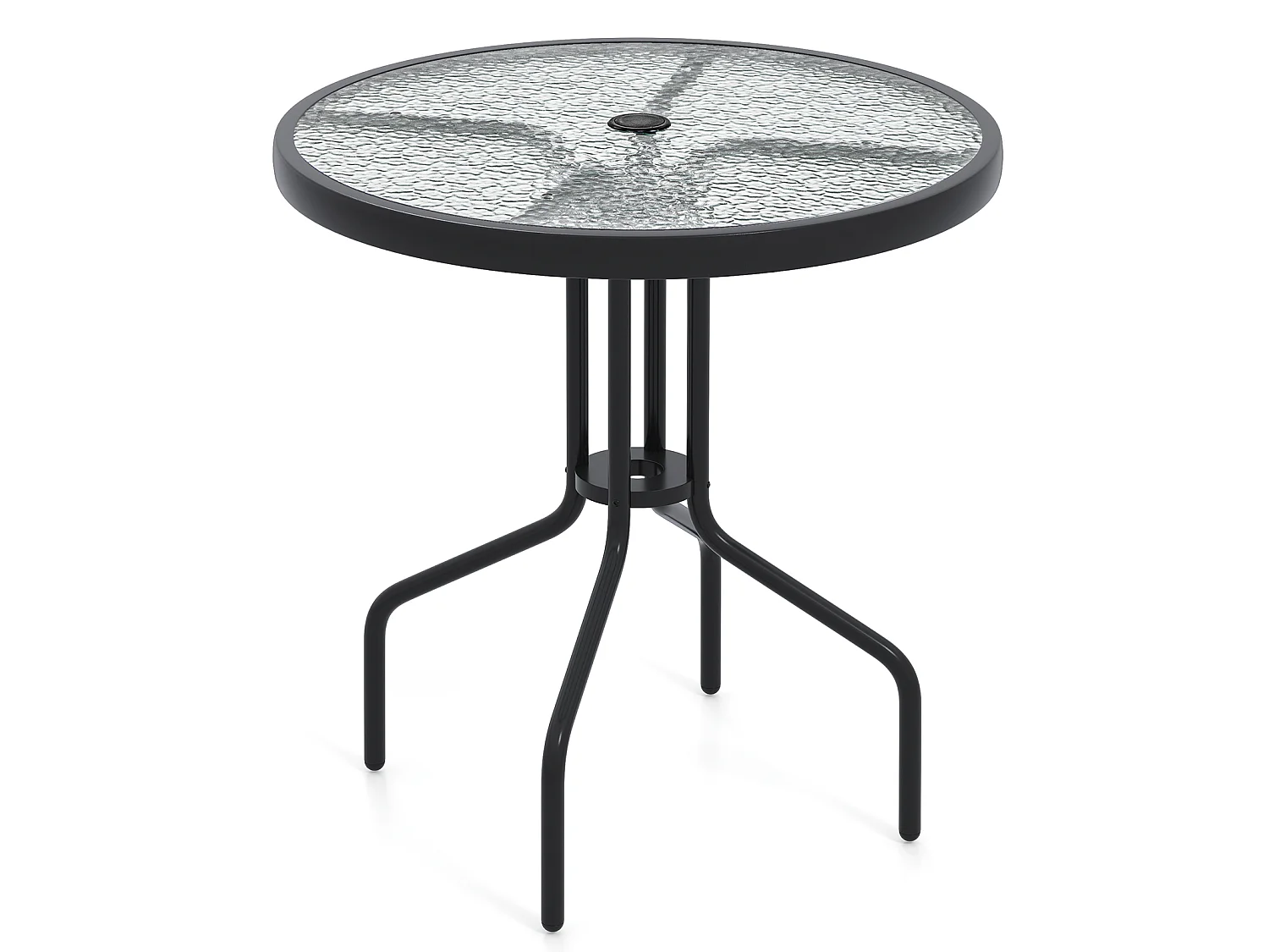 Gartentisch mit Schirmloch 70x70x71cm Bistrotisch mit Tischplatte aus gehärtetem Glas