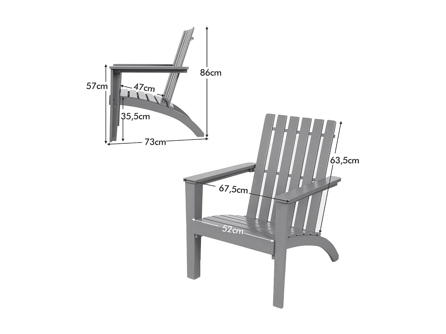 Chaise Extérieur en Bois d'Acacia Design Adirondack Résistant aux Intempéries Charge 160 Kg Salon Terrasse Balcon Gris