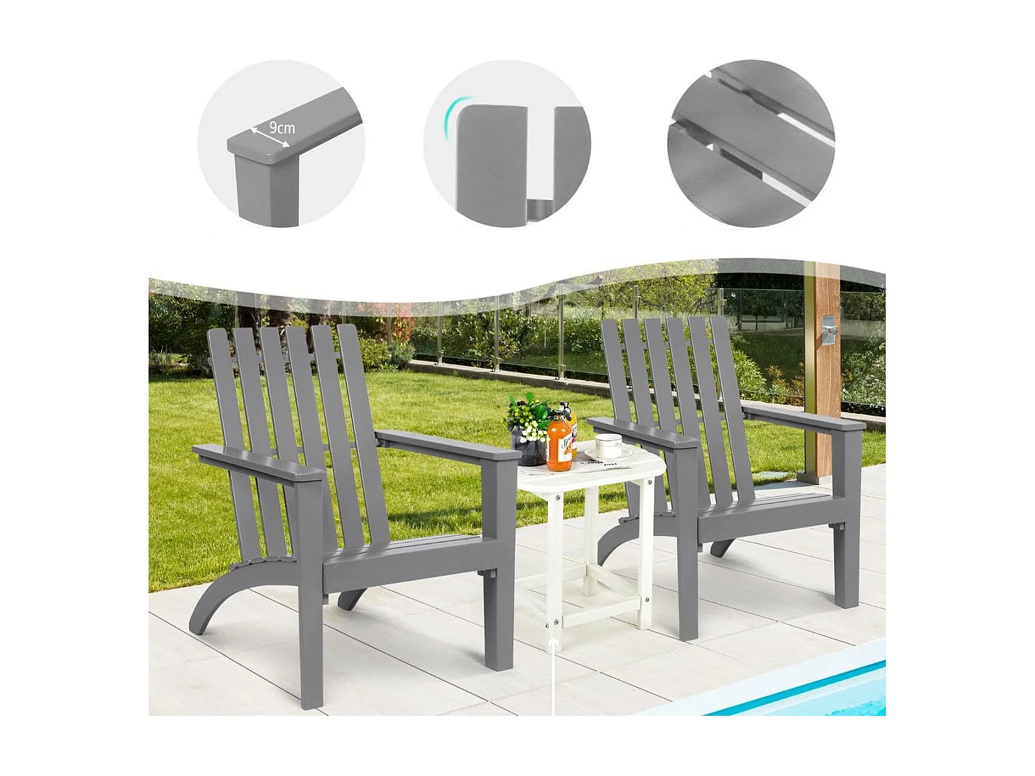 Chaise Extérieur en Bois d'Acacia Design Adirondack Résistant aux Intempéries Charge 160 Kg Salon Terrasse Balcon Gris