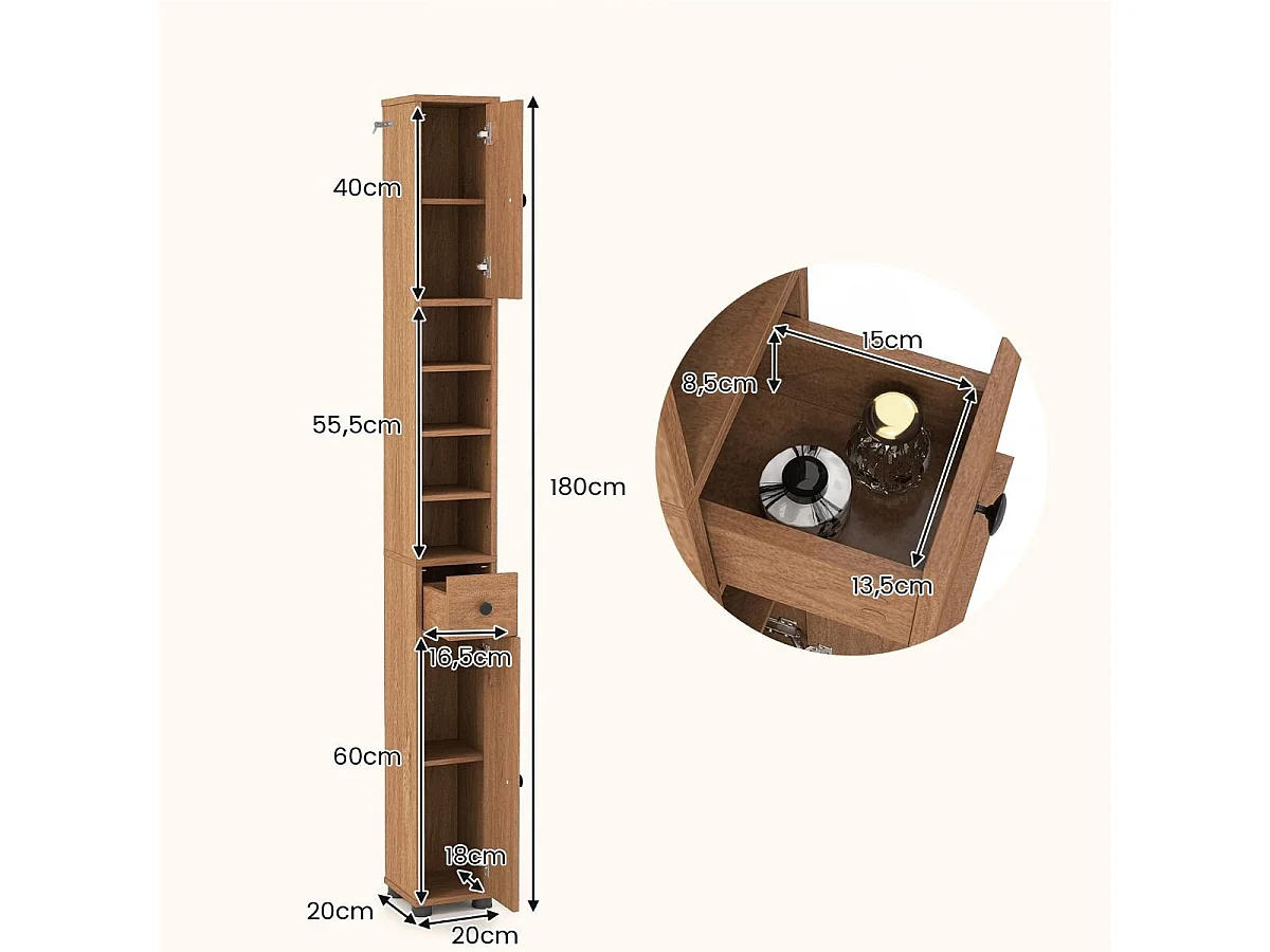 Armoire de Salle de Bain Haute et Mince Meuble Colonne avec 1 Tiroir Placard à Étagères Ajustables Naturel