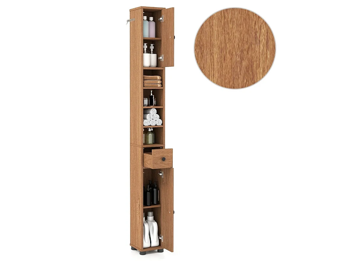 Armoire de Salle de Bain Haute et Mince Meuble Colonne avec 1 Tiroir Placard à Étagères Ajustables Naturel