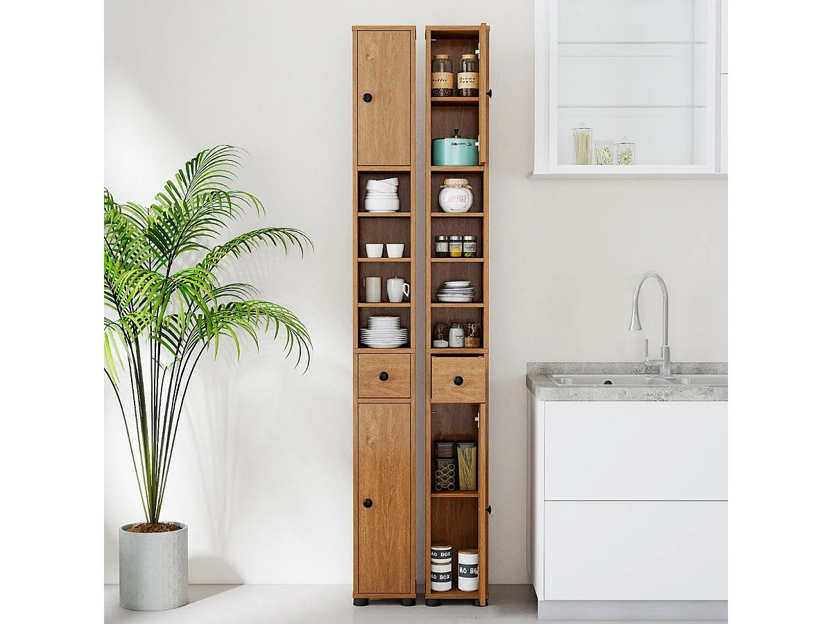 Armoire de Salle de Bain Haute et Mince Meuble Colonne avec 1 Tiroir Placard à Étagères Ajustables Naturel