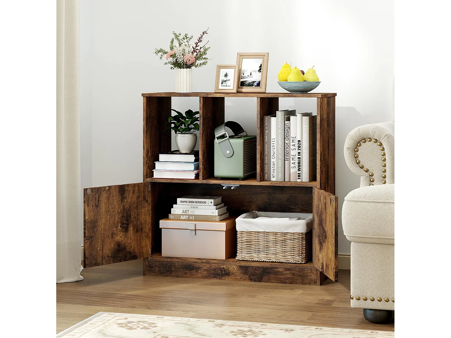 Libreria a 3 livelli con 2 ante Scaffale cubo con vani a giorno e libreria Marrone