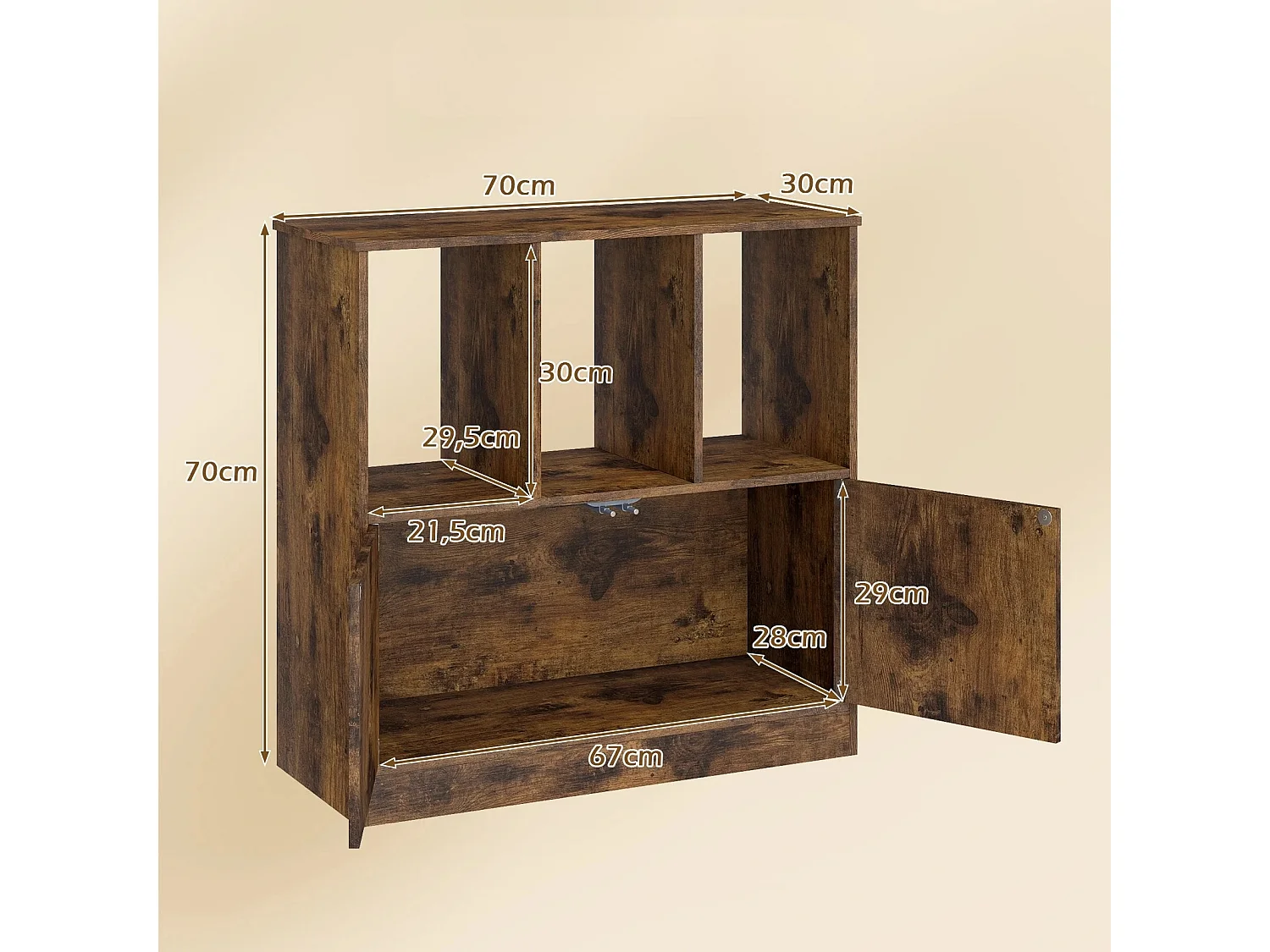 Libreria a 3 livelli con 2 ante Scaffale cubo con vani a giorno e libreria Marrone