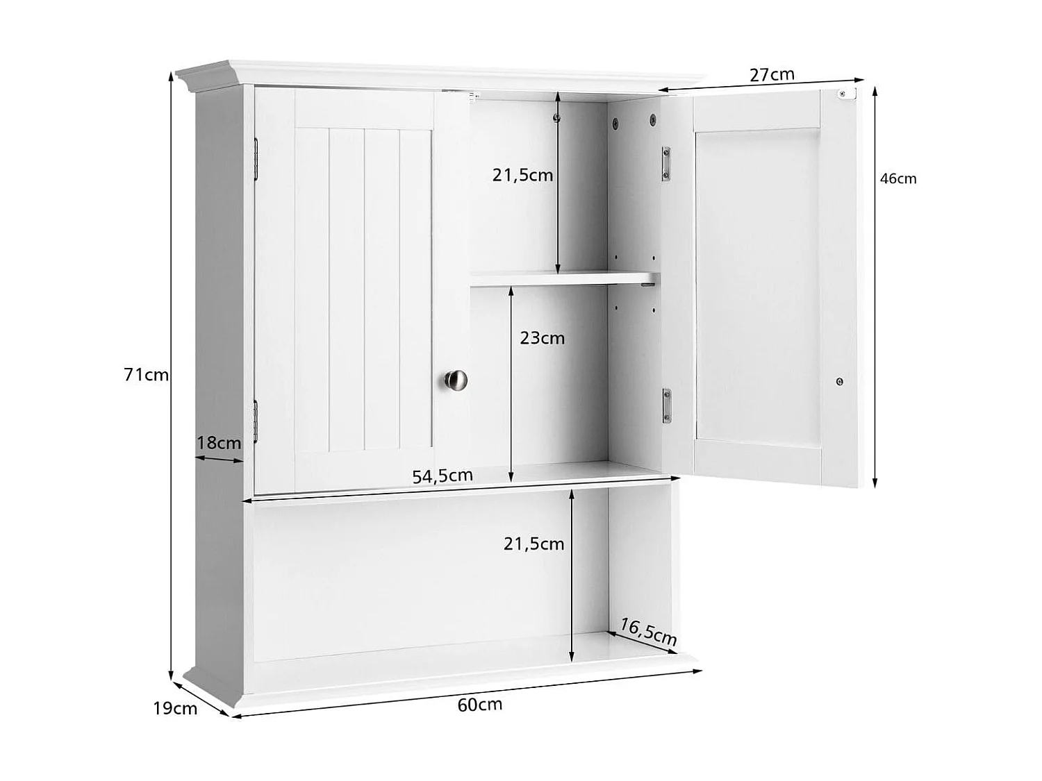 Meuble de Salle de Bain Armoire Murale avec 2 Portes Étagères Réglables Armoire à Pharmacie de Rangement 60x19x71cm Blanc