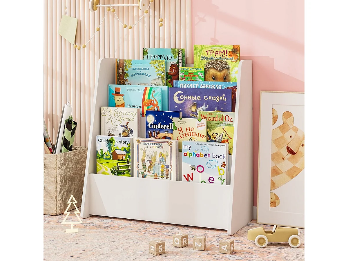 Kinder Bücherregal  mit 4 Ablagefächern Kinderregal Zeitschriftenständer bücherständer Weiß