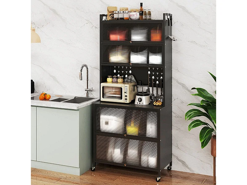 Armadio cucina 6 livelli buffet credenza, Porte ribalta supporto microonde pannello forato ganci Nero