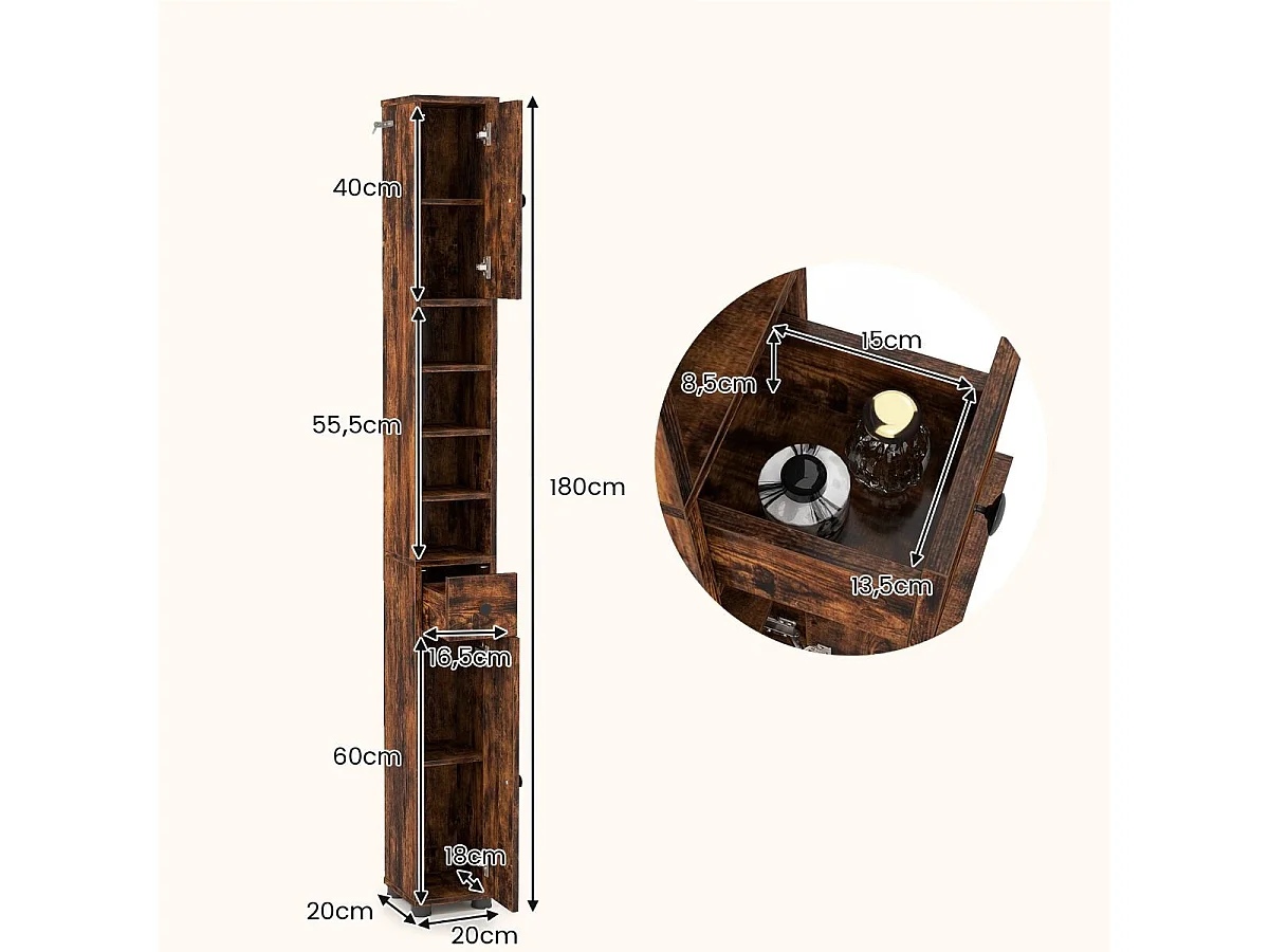 Armoire de Salle de Bain Haute et Mince Meuble Colonne avec 1 Tiroir Placard à Étagères Ajustables Café