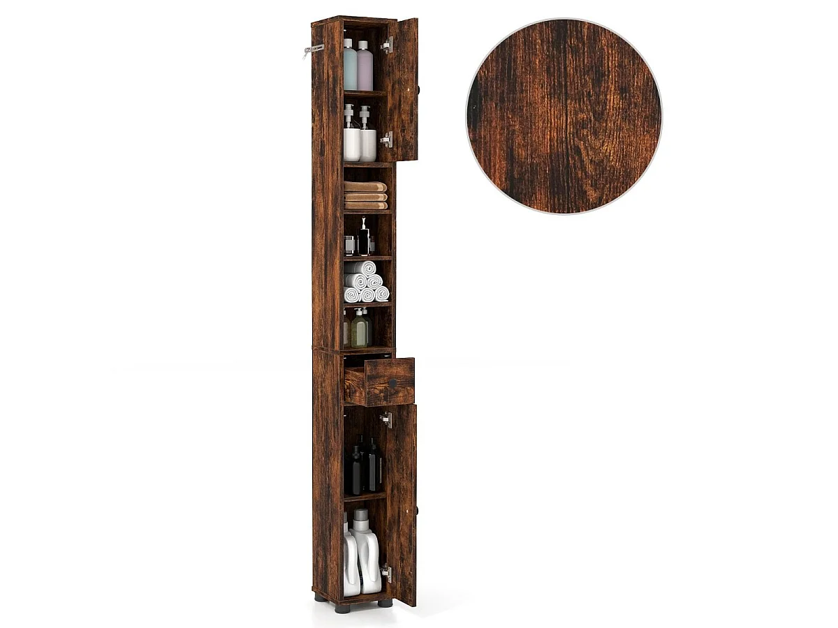 Armoire de Salle de Bain Haute et Mince Meuble Colonne avec 1 Tiroir Placard à Étagères Ajustables Café