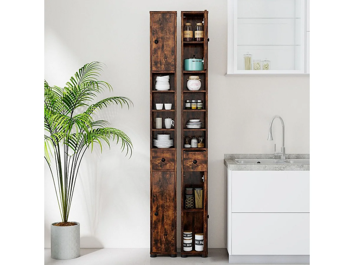 Armoire de Salle de Bain Haute et Mince Meuble Colonne avec 1 Tiroir Placard à Étagères Ajustables Café