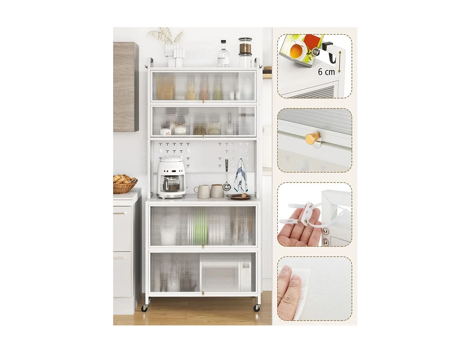 Küchenschrank mit 6 Ebenen Buffet-Schrank mit Regal freistehendes Backregal mit Stauraum Weiß