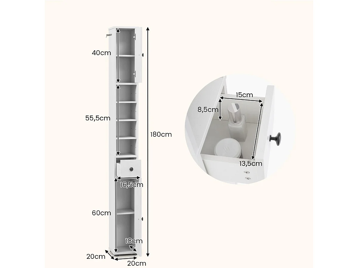 Wąska szafka łazienkowa z regulowanymi półkami Szafka do łazienki
