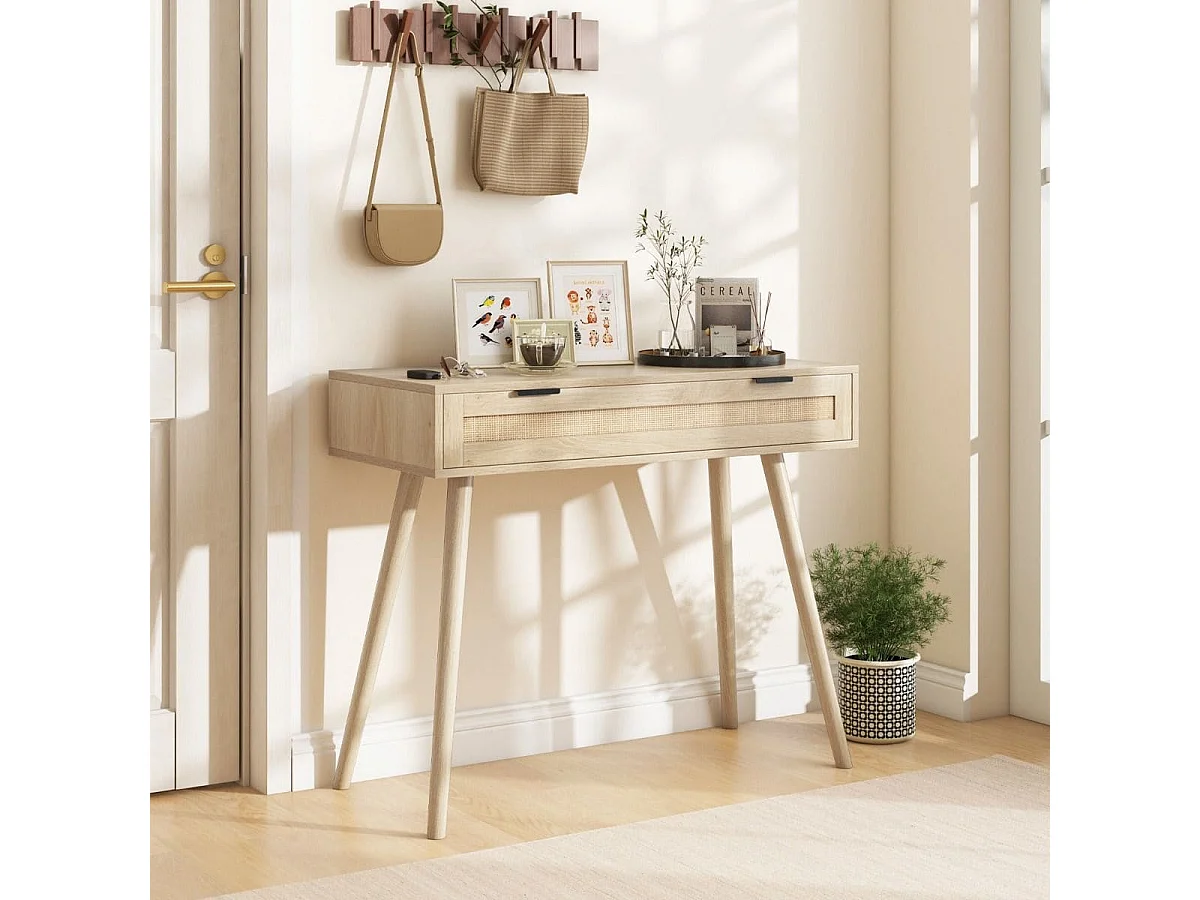 Table Console en Rotin avec Tiroir Coulissant table d'Entrée de Style Bohème Table d'Appoint de Canapé en Bois Table de Coiffeuse Naturel