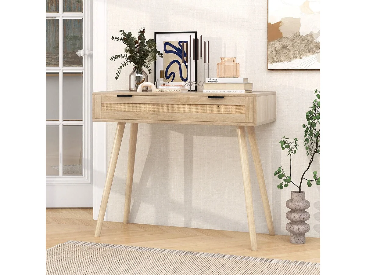 Table Console en Rotin avec Tiroir Coulissant table d'Entrée de Style Bohème Table d'Appoint de Canapé en Bois Table de Coiffeuse Naturel