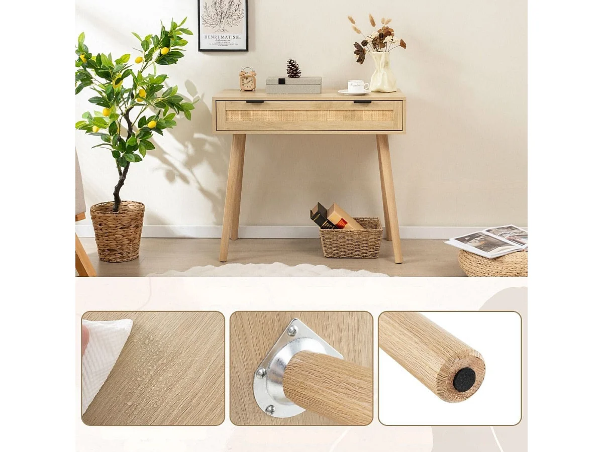 Table Console en Rotin avec Tiroir Coulissant table d'Entrée de Style Bohème Table d'Appoint de Canapé en Bois Table de Coiffeuse Naturel