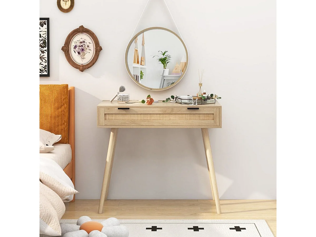 Table Console en Rotin avec Tiroir Coulissant table d'Entrée de Style Bohème Table d'Appoint de Canapé en Bois Table de Coiffeuse Naturel