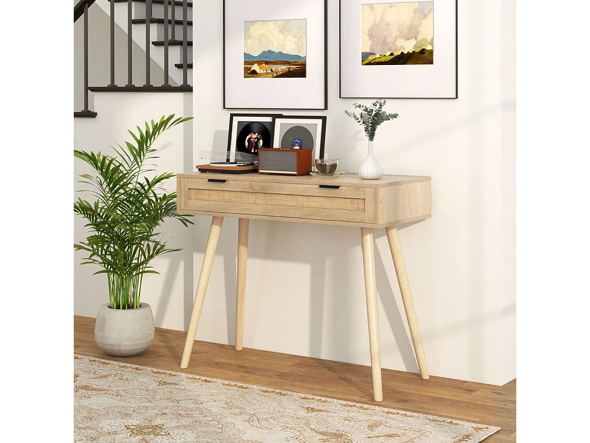 Table Console en Rotin avec Tiroir Coulissant table d'Entrée de Style Bohème Table d'Appoint de Canapé en Bois Table de Coiffeuse Naturel